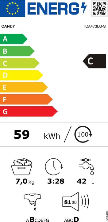 Energy Label Candy TCA473D3-S Washing Machine Top Loading 7Kg 1400 (7 kg, Downwards)