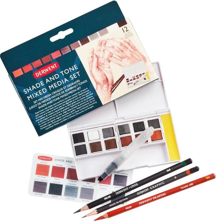 Immagine prodotto Derwent Ombra e tonalità in un mediaset misto (Nero, Bianco, Storm Grey, Grigio grafite, Braci bruciate, Seppia, Rosso veneziano, Sanguigna, Marte Arancione, Inchiostro seppia, Terra bruciata, Autunno Marrone, 16 x)