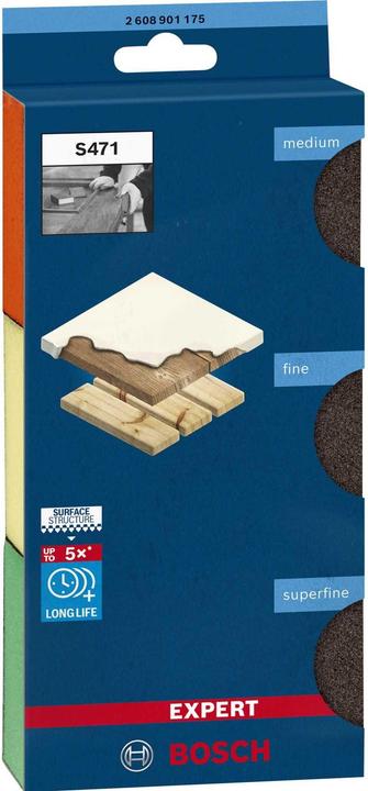 Produktbild Bosch Professional Zubehör EXPERT S471 Standard Block, 69 x 97 x 26 mm, M, F, SF, 3-tlg. (Fein, Mittel, Superfein)