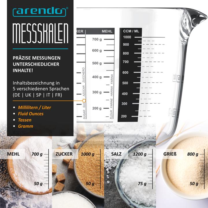 Actual product image Arendo Measuring jug glass 1 litre, borosilicate glass, heat-resistant, microwave-safe, precise scale (1000 ml)