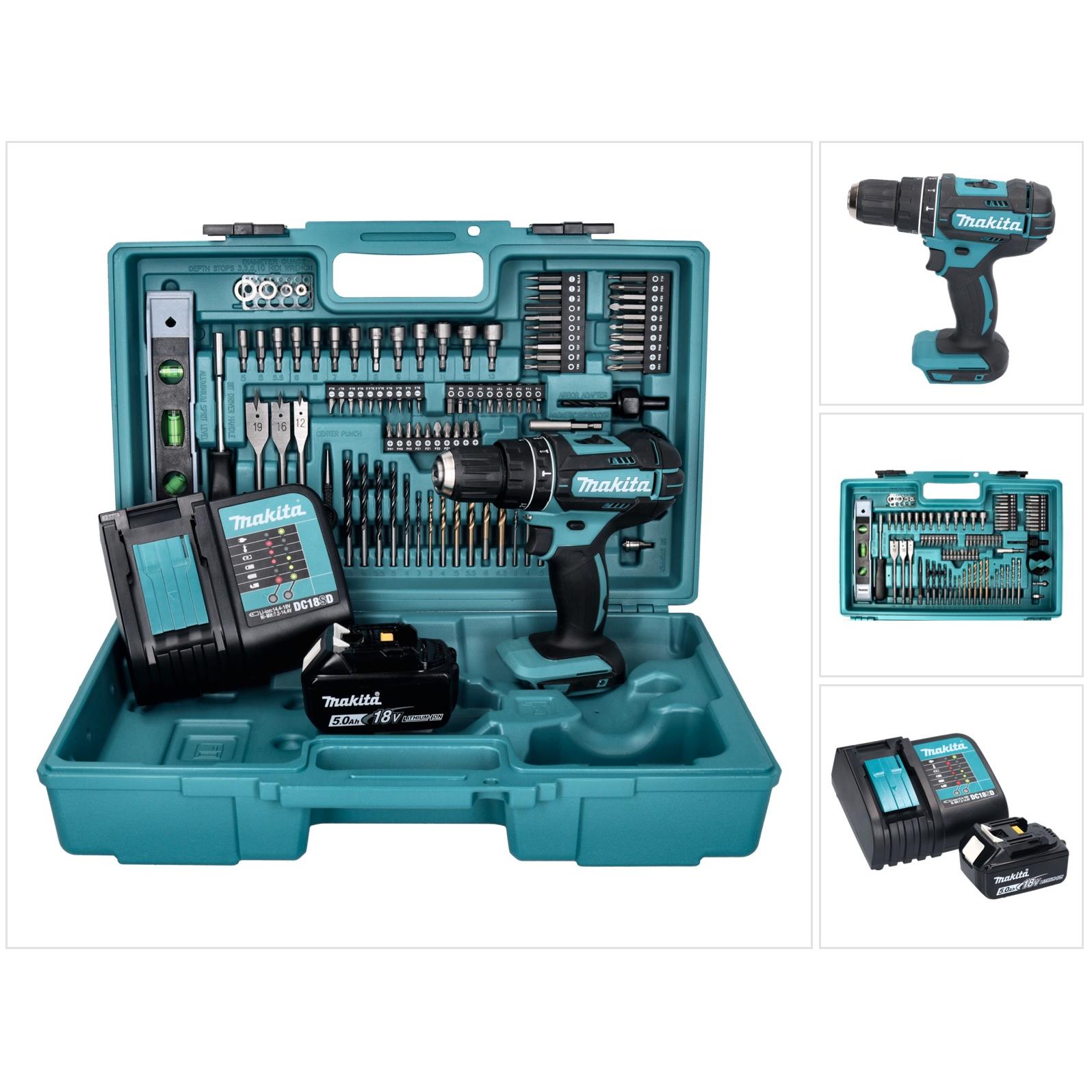 Makita, Bohrmaschine + Akkuschrauber, DHP 482 STX5 Akku Schlagbohrschrauber 18 V 62 Nm + 1x Akku 5,0 Ah + Ladegerät + 10...
