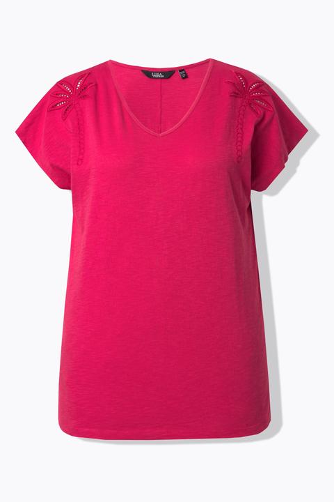 Actual product image Ulla Popken Palm Tree Embroidered Cap Sleeve Tee (54)
