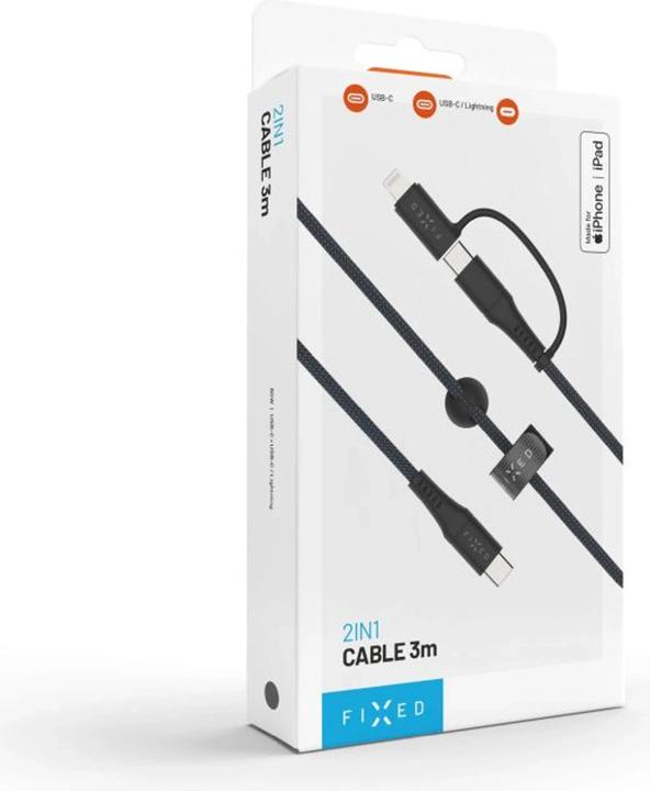 Actual product image Fixed Braided Cable USB-C/USB-C, Lightning Adapter, 3m, MFi, PD 60W, gray (3 m, USB 2.0, 60 W)