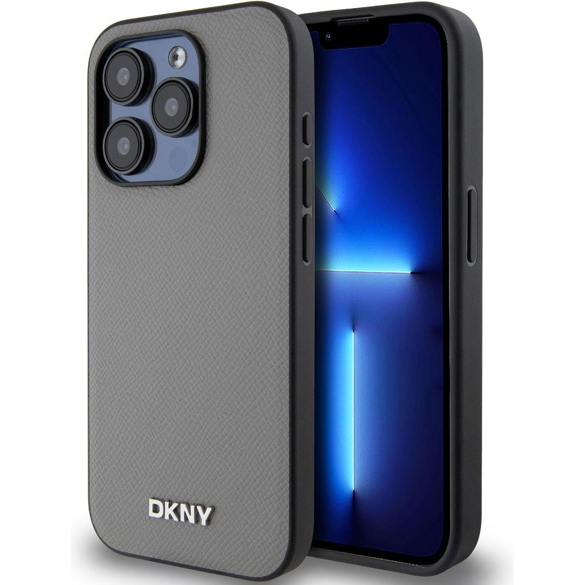 DKNY PU Leather Silver Metal Logo Magsafe Case for iPhone 14 Pro Grey (Apple iPhone 14 Pro), Smartphone Hülle, Grau