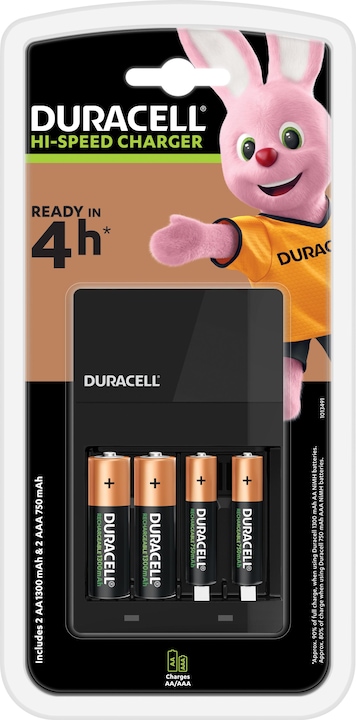 Duracell Chargeur économique à grande vitesse, y compris 2x AA et 2x AAA (4 pcs, AA, AAA, 1300 mAh, Piles rechargeables + chargeur)