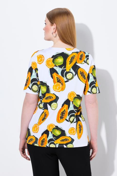 Actual product image Ulla Popken Papaya Print Short Sleeve V-Neck Slinky Tee (46, 48)