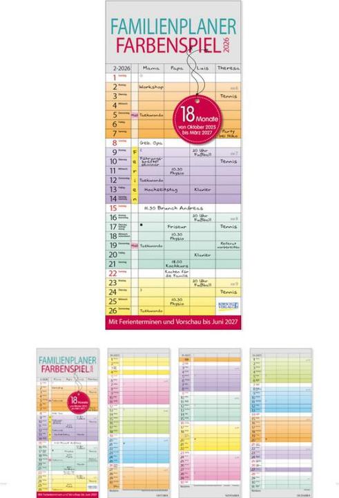 Produktbild Familienplaner Farbenspiel 18 Monate 2026/2027 (19 x 46 cm, Harter Einband, Deutsch)