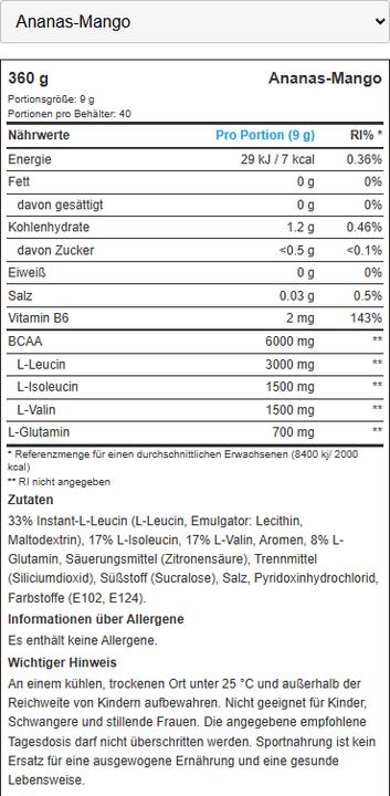 Valori nutrizionali e ingredienti Biotech USA BCAA Zero (1 Pezzo/i, Polvere, 360 g)