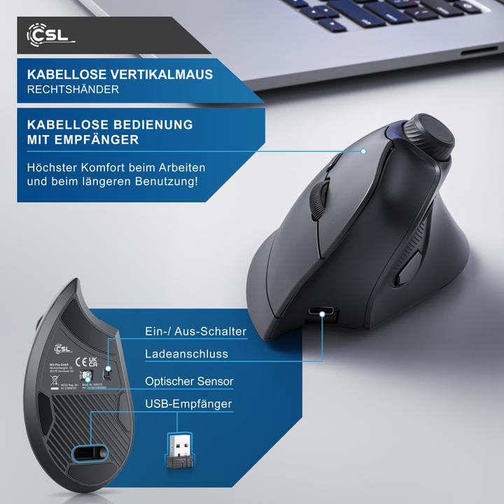 Actual product image CSL Wireless vertical mouse, 2.4 GHz radio, 250dpi, ergonomic wireless mouse, against mouse arm / (Wireless)