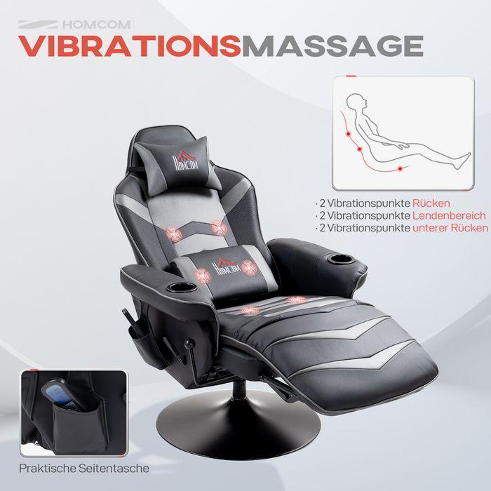 Produktbild Swisshandel24 Gaming Stuhl Massage, 360° Drehbar, Fussstütze, abnehmbare Kopfstütze, Kunstleder, Grau