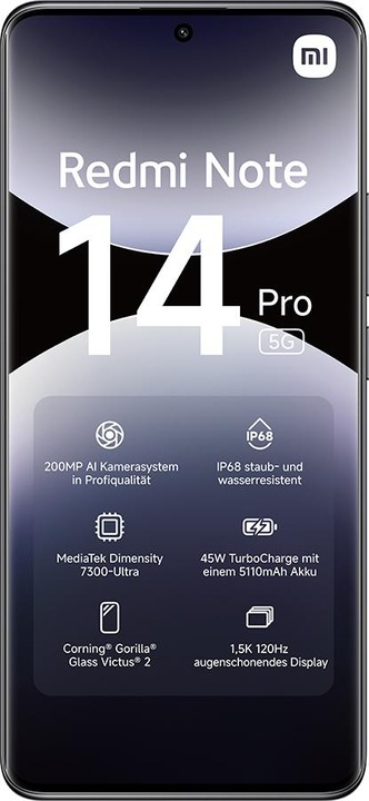 Produktbild Xiaomi Redmi Note 14 Pro 5G (512 GB, Midnight Black, 6.67", Dual SIM, 200 Mpx, 5G)