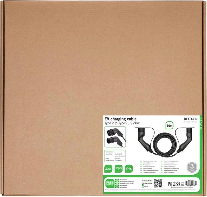 Image du produit Deltaco Câble de recharge EV, voiture électrique & hybride, type2 vers type2, 32 A, 22 kW, triphasé (Type 2, 22 kW, 32 A, 10 m)