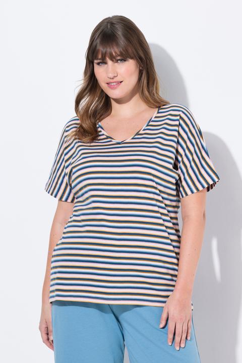 Produktbild Ulla Popken Schlafshirt, Ringel, V-Ausschnitt, Halbarm (58)