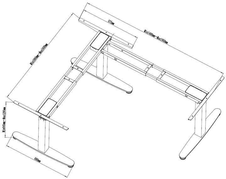 Actual product image equip ERGO electric sit-stand table frame in L-shape, triple motor