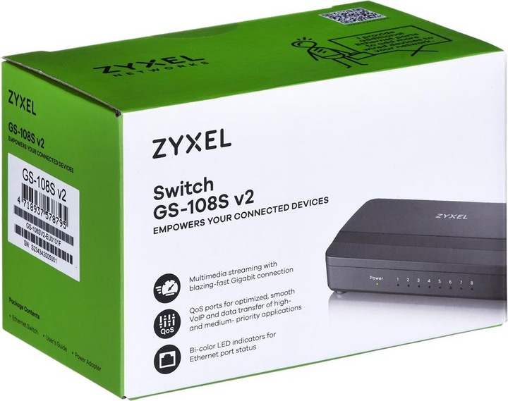 Produktbild Zyxel GS-108SV2 8-Port Desktop Gigabit Ethernet Media Switch für Desktop-Anwendungen (8 Ports)
