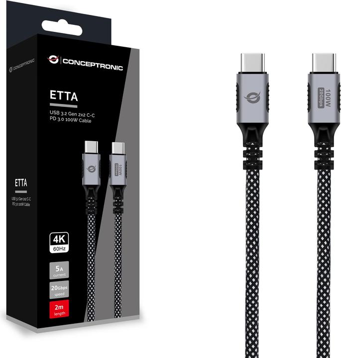 Produktbild Conceptronic Kabel USB-C 3.2 -> C PD3.0 2.00m 5A 4K60Hz sw (2 m, USB 3.2 Gen 2x2, 100 W)