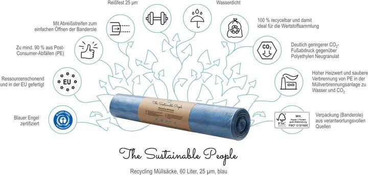Produktbild The Sustainable People Recycling Zugband-Müllbeutel - 22 µm - reissfest (20 x, 60 l)