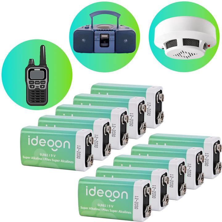 Produktbild Ideoon 10er-Set Hochwertige 9V-Block Batterie - 6LR61 Alkaline 9 Volt - Zuverlässige Energiequelle (10 Stk.)