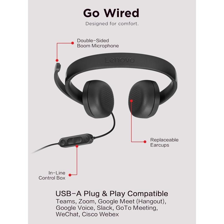 Actual product image Lenovo USB-A Wired Stereo Headset Gen 2 (Cable, USB-A)