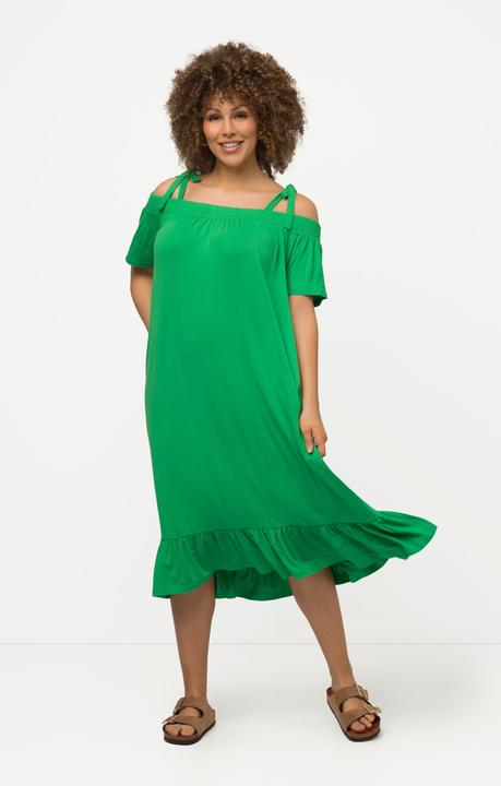 Actual product image Ulla Popken Shoulder Tie Carmen Style Ruffle Hem Stretch Knit Dress (50, 52)