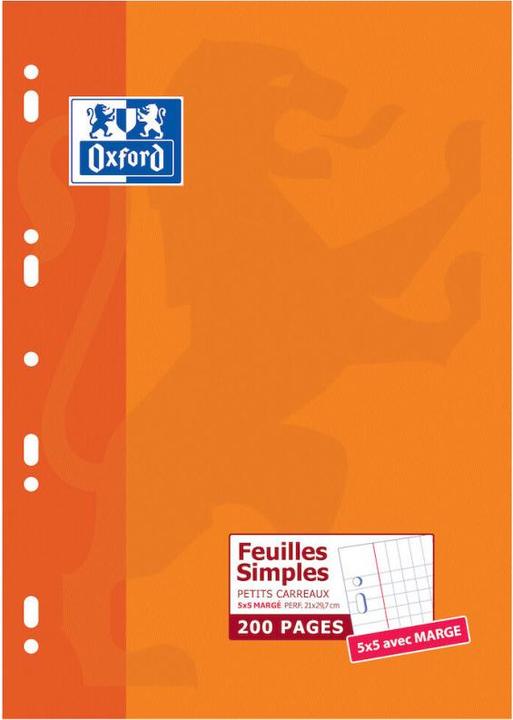 Image du produit Oxford Feuilles simples perfor'es, A4, quadrill' 5x5 marg' (A4, Quadrillé)