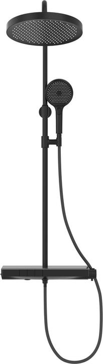Emke Duschsystem mit Thermostat, Handbrause + Regendusche(2 Strahlstärken) + Unterer Auslass, Schwarz