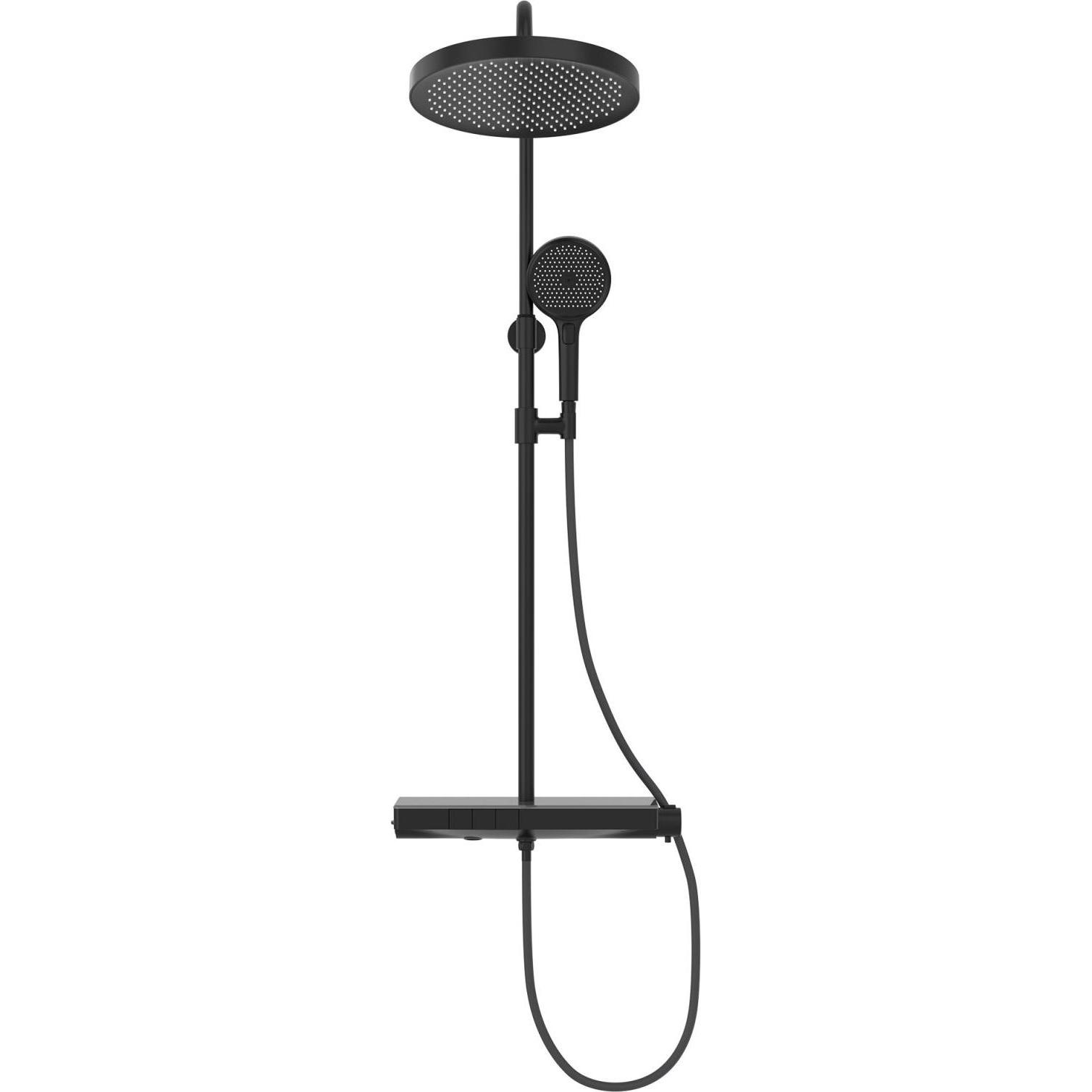 Emke, Duschsystem, Duschsystem mit Thermostat, Handbrause + Regendusche(2 Strahlstärken) + Unterer Auslass, Schwarz