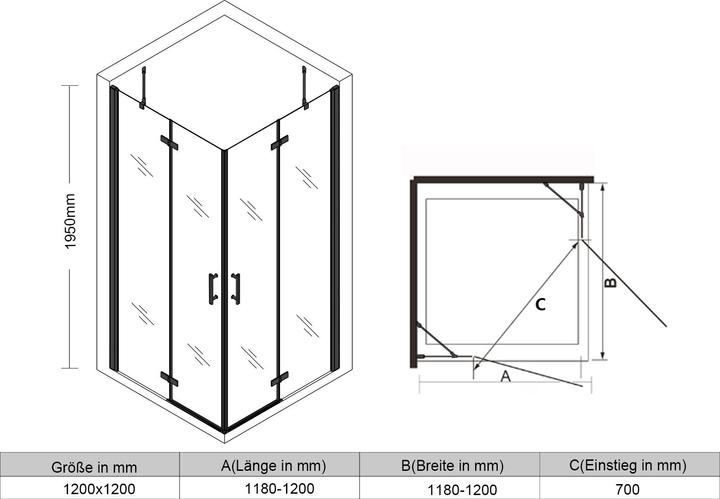 Actual product image SONNI Duschkabine mit Eckeinstieg, 120 x 120 cm, schwarze Dusche, Höhe 195 cm, mit Schwingtüren 6 mm (120 cm, 120 cm, 195 cm)