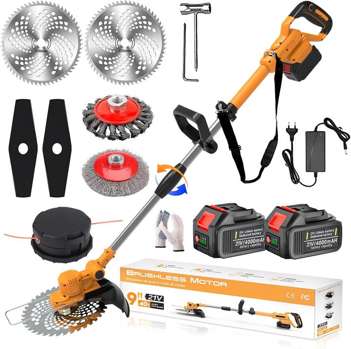 Suaiiolk Akku-Rasentrimmer ‎HY-08 mit Unkrautbürste und 4 Klingentypen (Metal cutting blade, Trim line)