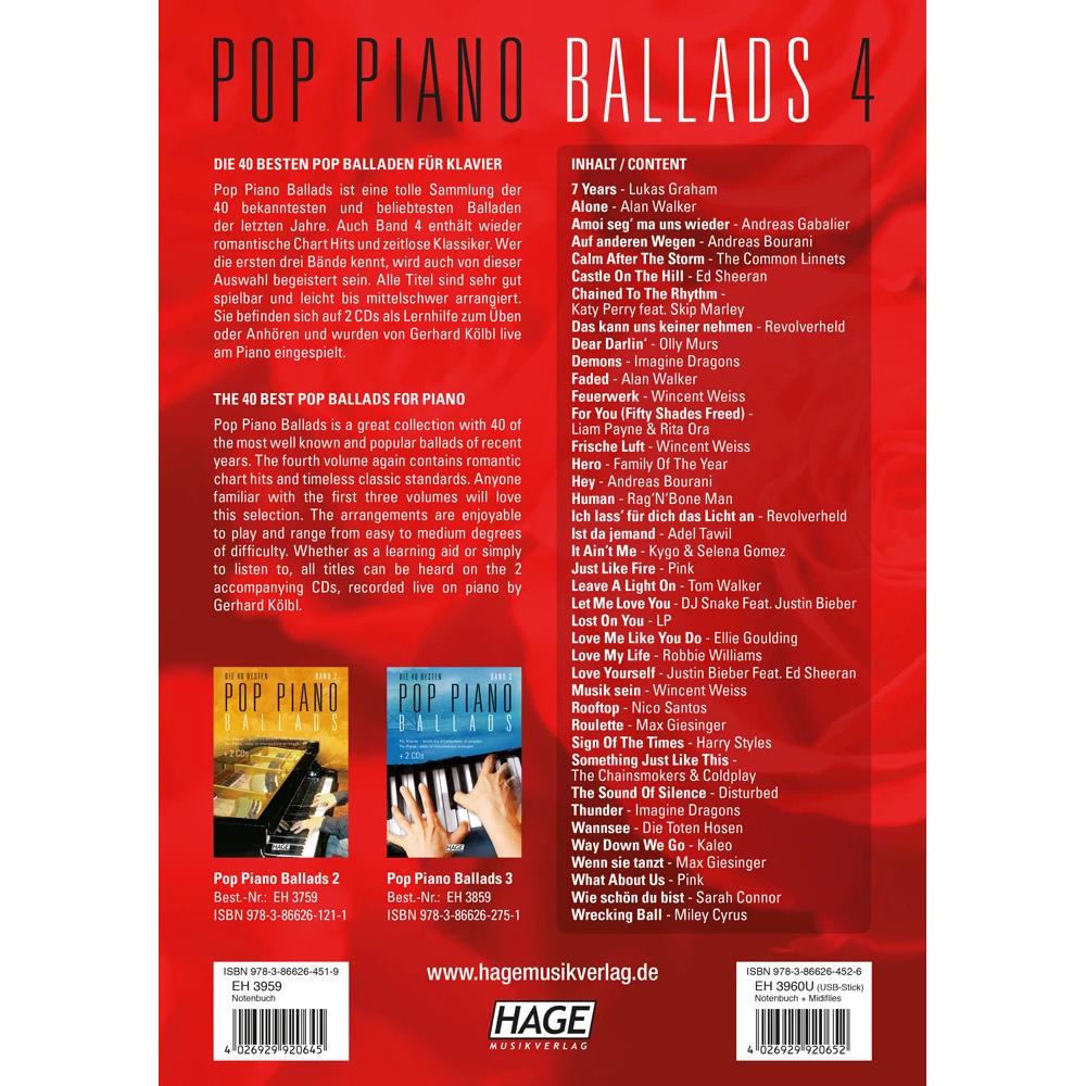 Thumbnail - Pop Piano Ballads 4 (mit 2 CDs), Sachbücher von HAGE Musikverlag