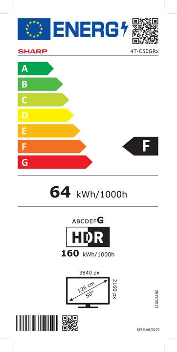 Label énergétique Sharp 50GR8265E | 50" | Smart TV | Google TV | 4K Ultra HD (50", GR8, QLED, 4K)