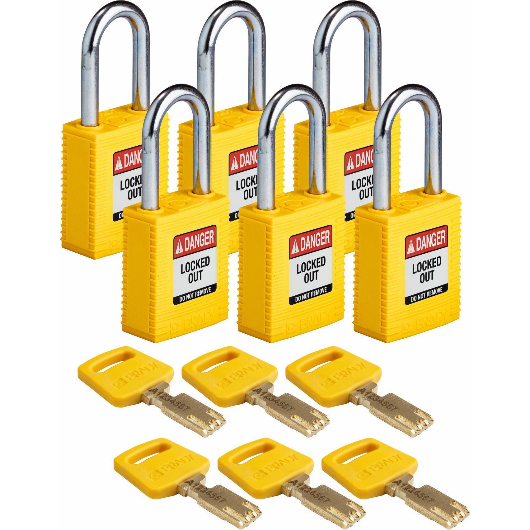 Brady, Vorhängeschloss, Safekey Nylon-Sicherheitsschloss mit Stahlbügel, Gelb, 38 mm Bügelhöhe, 6.4 mm Bügeldurchmes
