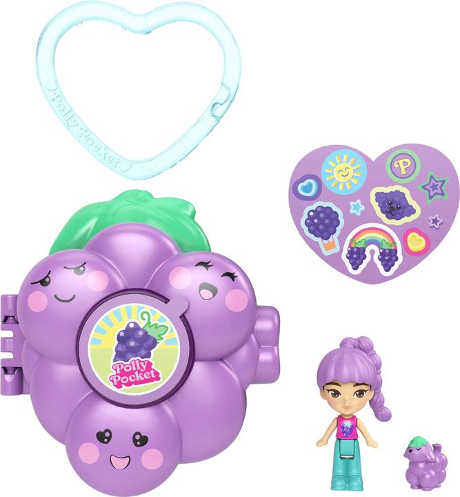 Polly Pocket Doll & Micro Compact, Keychain and Sticker Sheet, Pet Accessory, Travel Toys