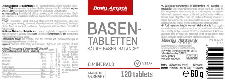 Valeurs nutritives et ingrédients Body Attack Comprimés de base (120 caps) (120 pcs, Cachets, 60 g)
