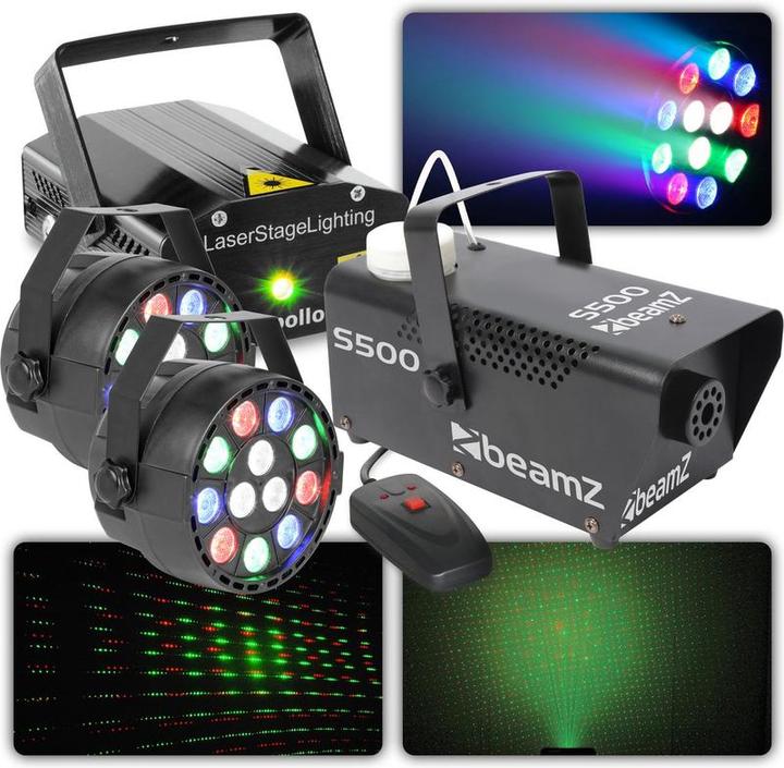 BeamZ light set with laser, par spots and 500w smoke machine