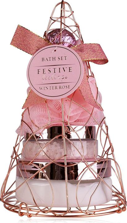 Produktbild Accentra Geschenkset FESTIVE FEELINGS in pyramidenförmigem Drahtkorb, Duft: Winter Rose (Körperpflegeset)