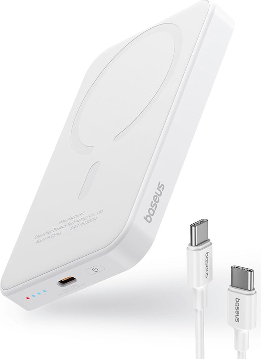 Actual product image Baseus mini power bank 5000mAh 20W + USB-C cable (20V/3A) - white (5000 mAh, 20 W, 19250 Wh)