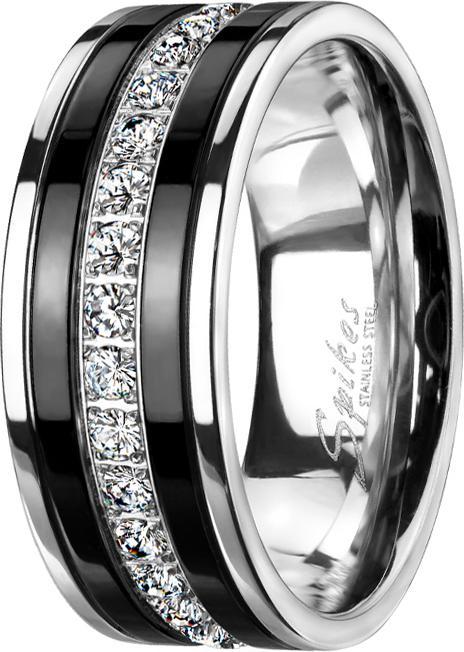 Produktbild Star Piercing Ring silber schwarze Streifen mit Kristallstreifen (ohne Messing, Chirurgenstahl 316L)