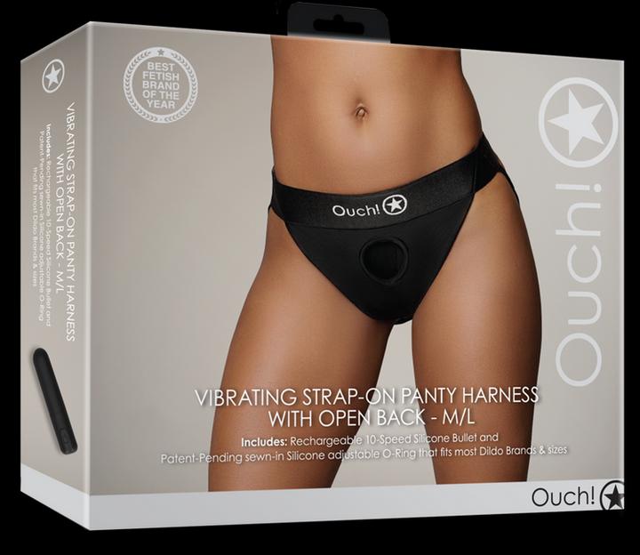 Actual product image Ouch! Vibrating Strap-on Panty Harness with Open Back - M/L