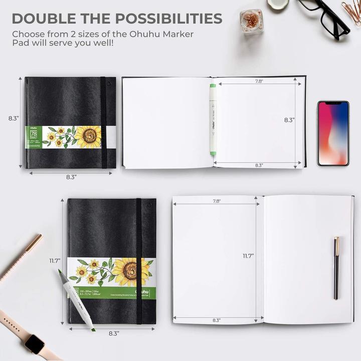 Actual product image Ohuhu Kunst-Skizzenbuch, 2er Pack, 70 Blatt (21 x 21 cm, 21 x 29.7 cm, Plain, Soft cover)