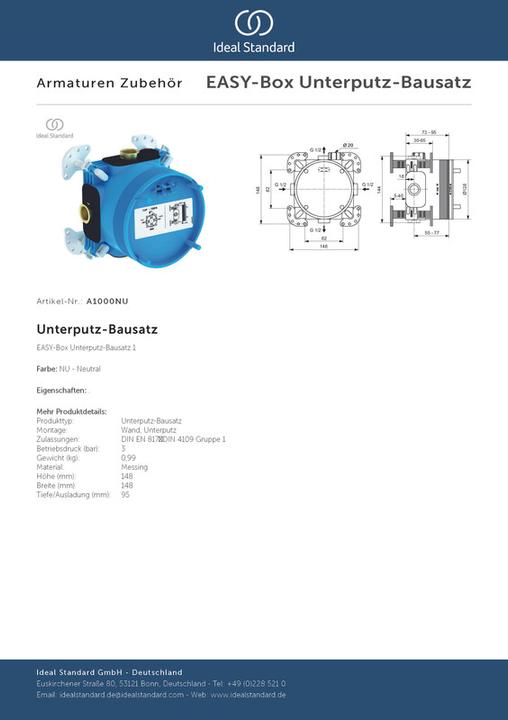 Image du produit Ideal Standard Kit d'encastrement IDS 1 EASY-Box pour bras de douche et de bain. Thermostats individuels
