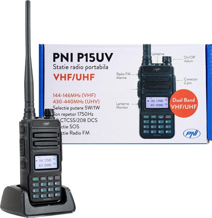 PNI Radio portable bi-bande VHF/UHF P15UV, 144-146 MHz/430-440 MHz, 999 canaux, avec batterie de