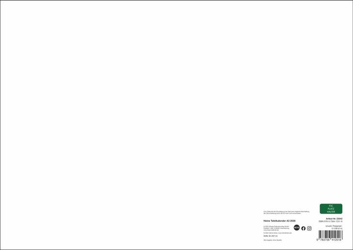 Actual product image Helme Heine: Tafelkalender A3 2026 (A3)