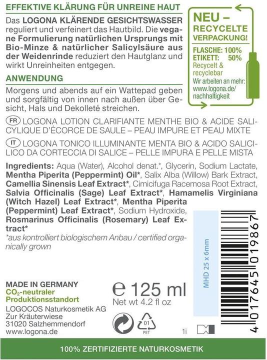 Valori nutrizionali e ingredienti Logona Tonico facciale alla menta chiarificante (Schiuma detergente, 125 ml)