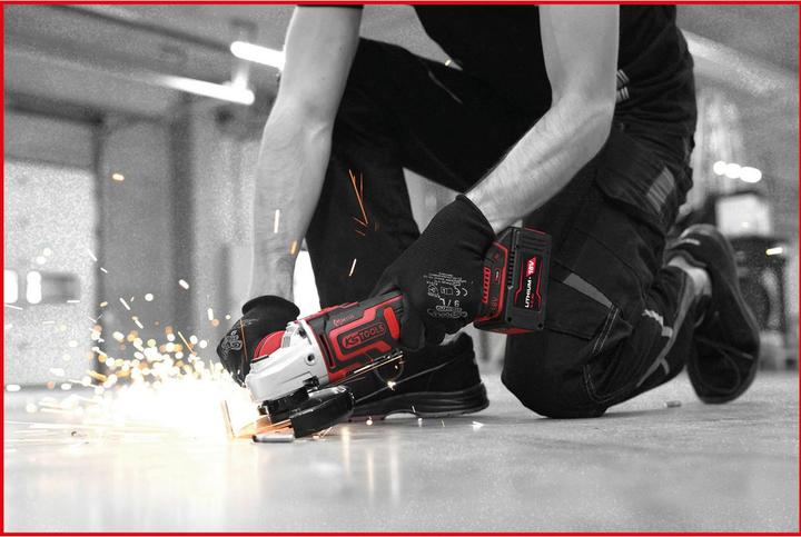 Actual product image KS Tools eMONSTER brushless cordless angle grinder set, 4-piece | 18 volt, 2 batteries and charger (125 mm)