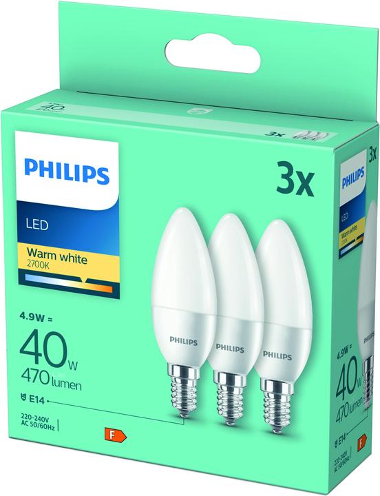 Produktbild Philips LED Kerzenlampe, 3er Set (E14, 4.90 W, 470 lm, 3 x, F)