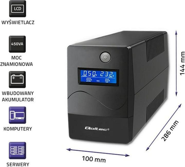 Produktbild Qoltec 53977 UPS Monolith 450VA 240W LCD (450 VA, 240 W, Line-Interaktiv USV)