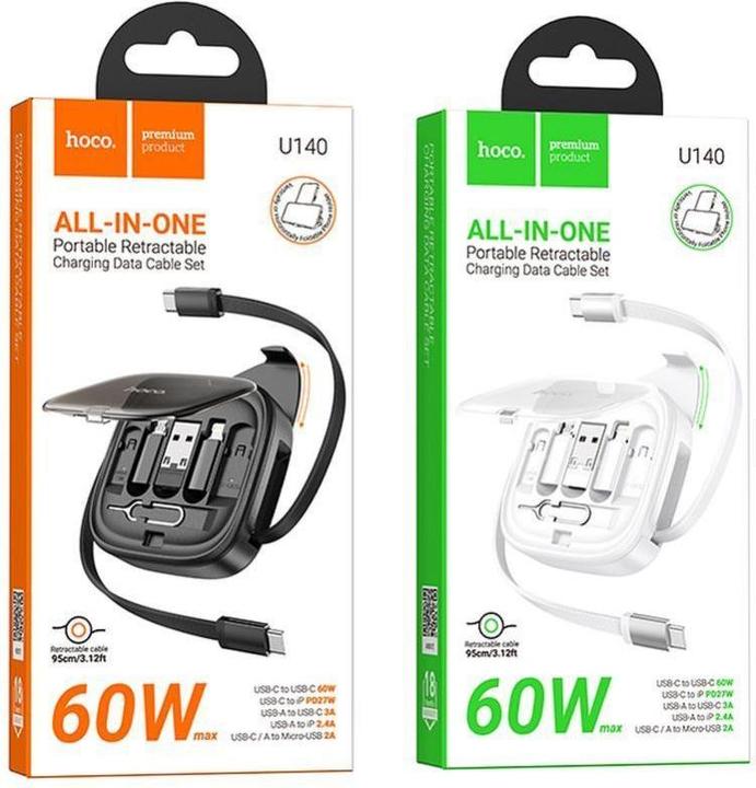 Produktbild Hoco Cable cable All-in-one retractable charging data cable set PD 3A 60W U140 0,95 m white (1 m, 60 W)
