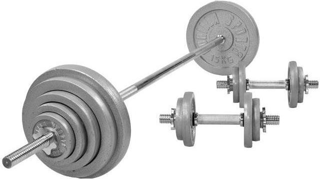 Produktbild Gorilla Sports Langhantelset (2 x 5 kg, 6 x 2.5 kg, 2 x 15 kg, 6 x 1.25 kg, 2 x 10 kg)