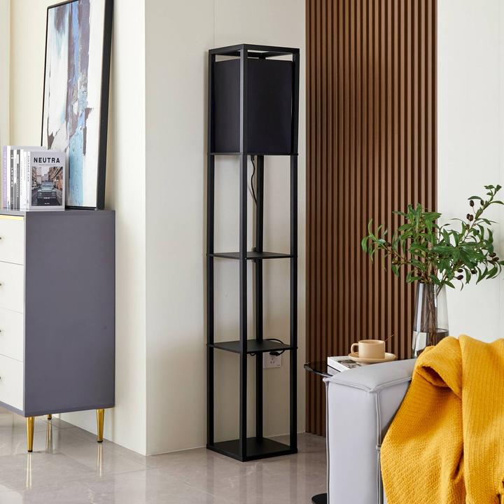 Produktbild Lindby Birta Stehleuchte mit Ablage, Holz, schwarz (E27)